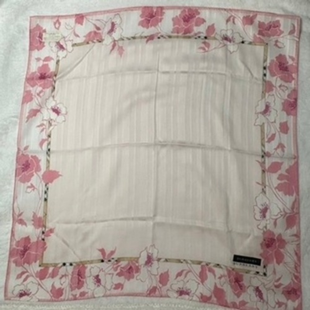 Vtg BURBERRY Scarf Handkerchief Floral Rose Cotton Pink White 19"